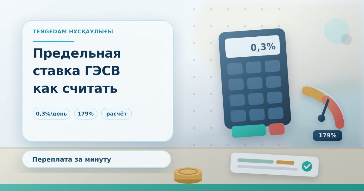 Редакционная иллюстрация TengeDam о предельной ставке ГЭСВ: калькулятор с процентом, шкала ставки и строка расчёта переплаты, без людей