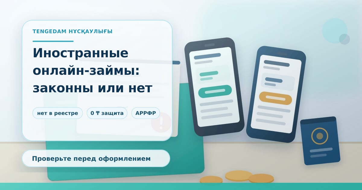Редакционная иллюстрация TengeDam к материалу об иностранных онлайн-займах: два разноцветных смартфона с приложениями займов, распечатанный договор, паспорт и монеты на бирюзовой папке, без людей