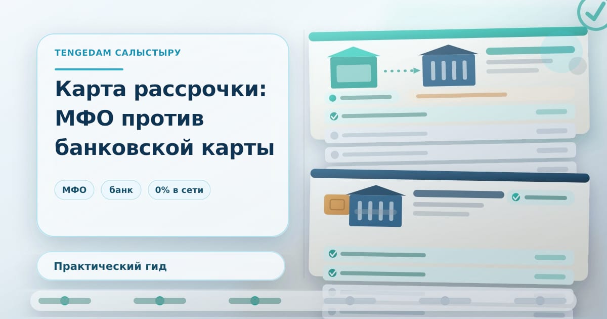 Редакционная иллюстрация TengeDam о картах рассрочки: карточный продукт от МФО через банк-партнёр против классической банковской карты рассрочки, график платежей и отметка 0% внутри партнёрской сети, без людей