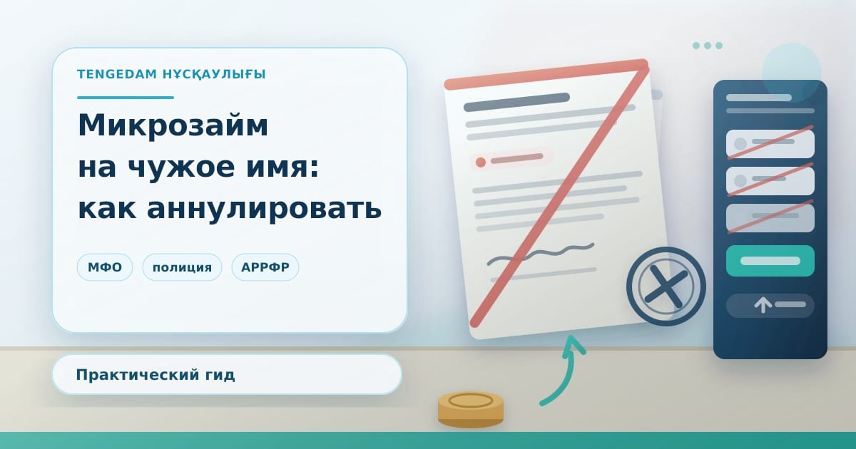 Редакционная иллюстрация TengeDam о микрозайме, оформленном на чужое имя: долговая расписка с перечёркнутыми данными и аннулирующим штампом поверх графика платежей, без людей