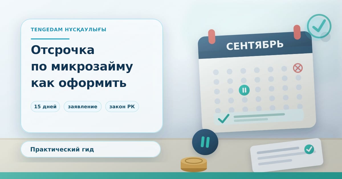 Редакционная иллюстрация TengeDam об отсрочке платежа по микрозайму: календарь с отмеченной датой, пауза и сдвинутый график платежей, без людей
