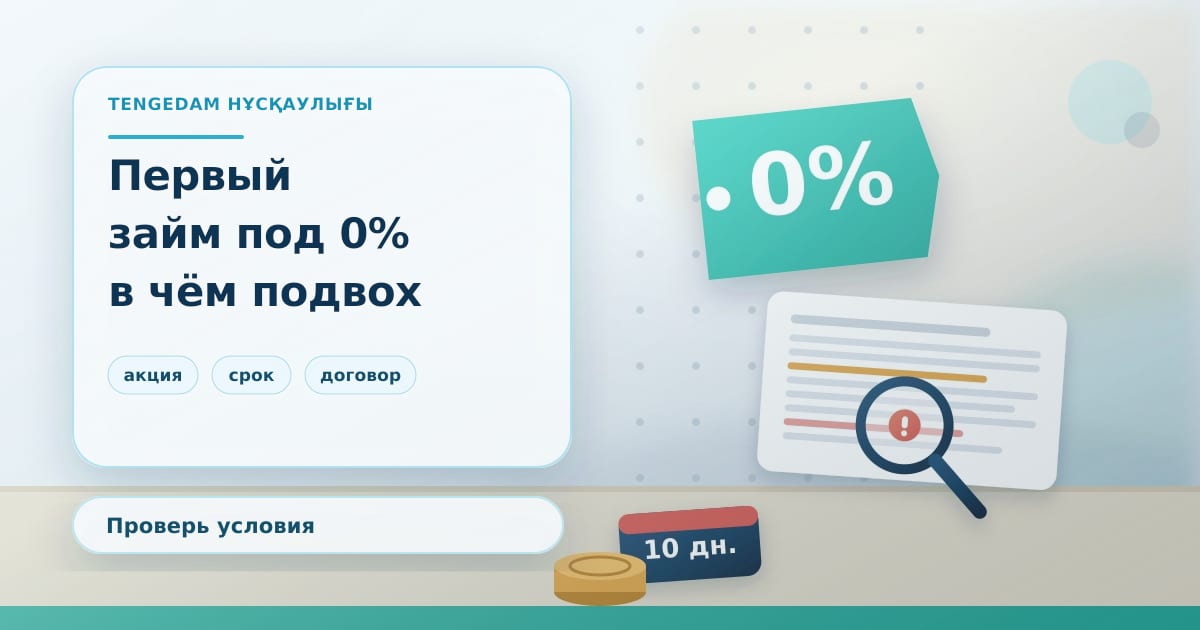 Редакционная иллюстрация TengeDam о первом займе под 0 процентов: ценник с нулём, лупа над договором с мелким шрифтом и календарь со сроком возврата, без людей