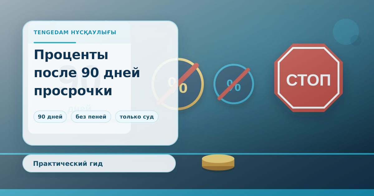 Редакционная иллюстрация TengeDam о запрете начислений после 90 дней просрочки: календарь с отметкой 90 дней, перечёркнутые проценты и стоп-знак, без людей