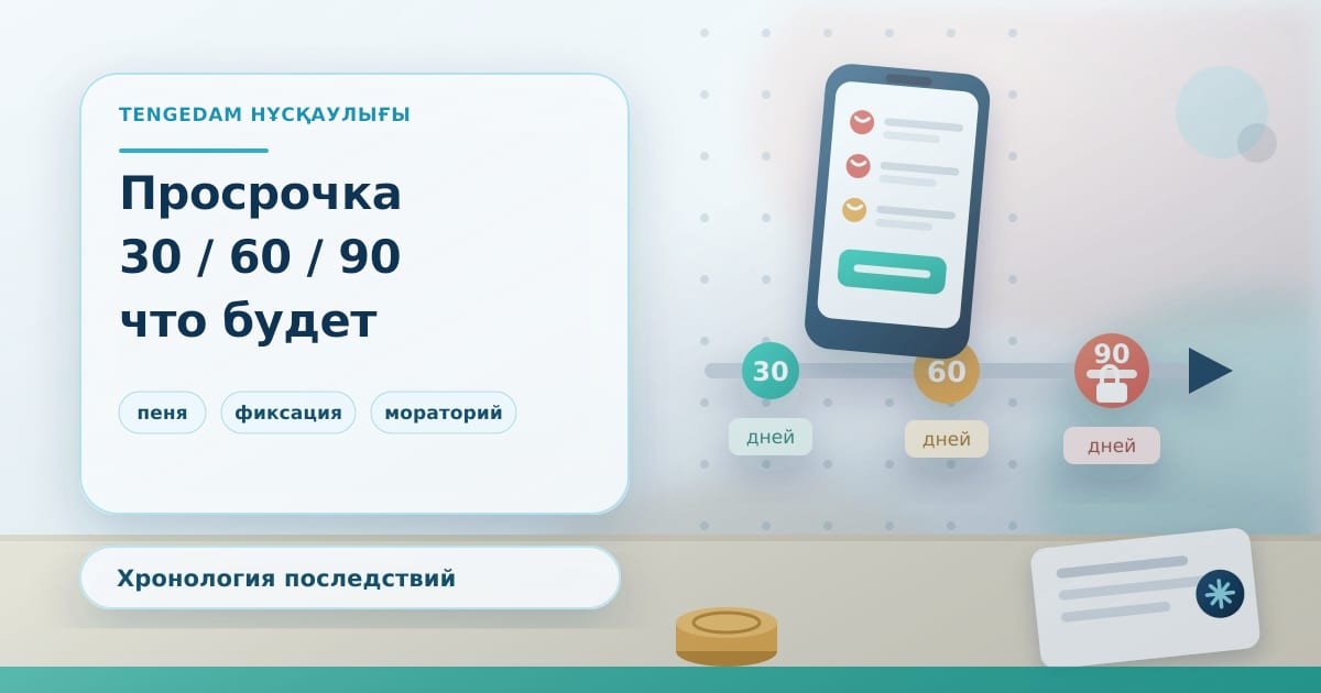 Редакционная иллюстрация TengeDam о просрочке микрозайма: таймлайн 30, 60 и 90 дней, смартфон с пропущенными вызовами и документ с замком, без людей