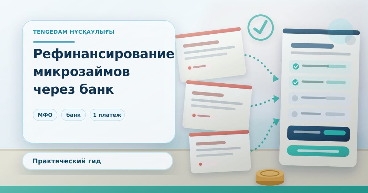 Редакционная иллюстрация TengeDam о рефинансировании микрозаймов через банк: несколько долговых расписок, объединённых в один банковский график платежей, без людей