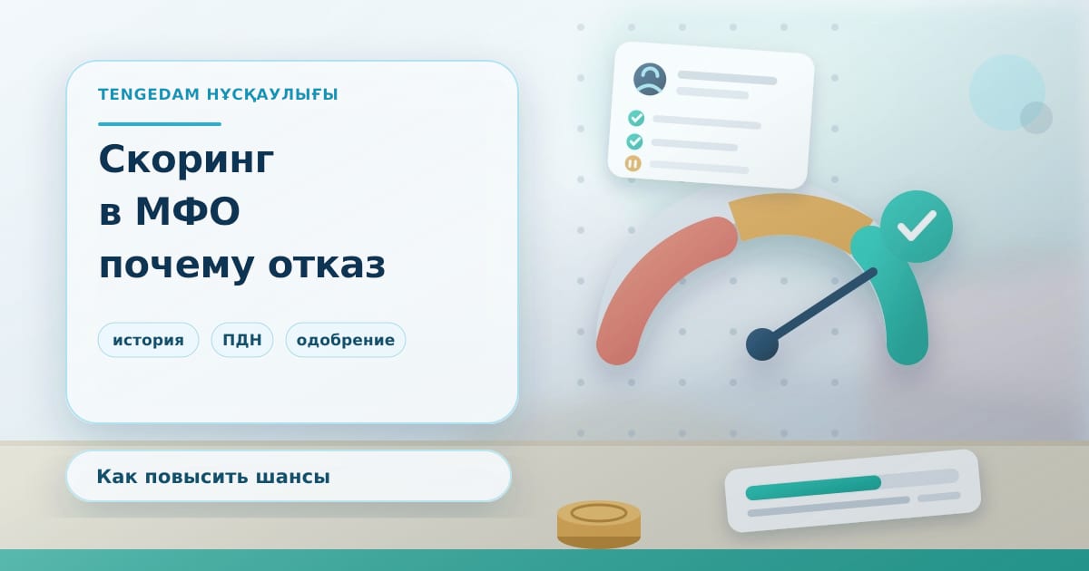 Редакционная иллюстрация TengeDam о скоринге в МФО: шкала скоринг-балла со стрелкой, анкета заёмщика с чек-листом и график платежеспособности, без людей