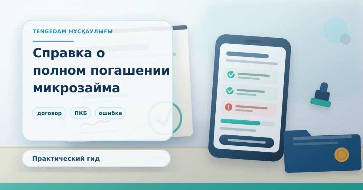 Редакционная иллюстрация TengeDam о справке о полном погашении микрозайма: документ о закрытии договора с отметкой о погашении и проверка кредитной истории в телефоне, без людей